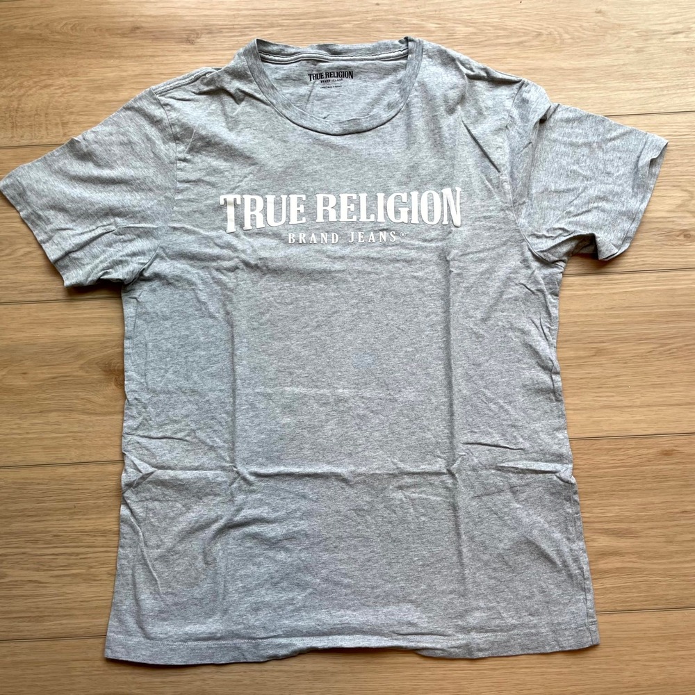 True Religion Mens T-Shirt Large Gray White Puff Print Logo Graphic Crew Neck